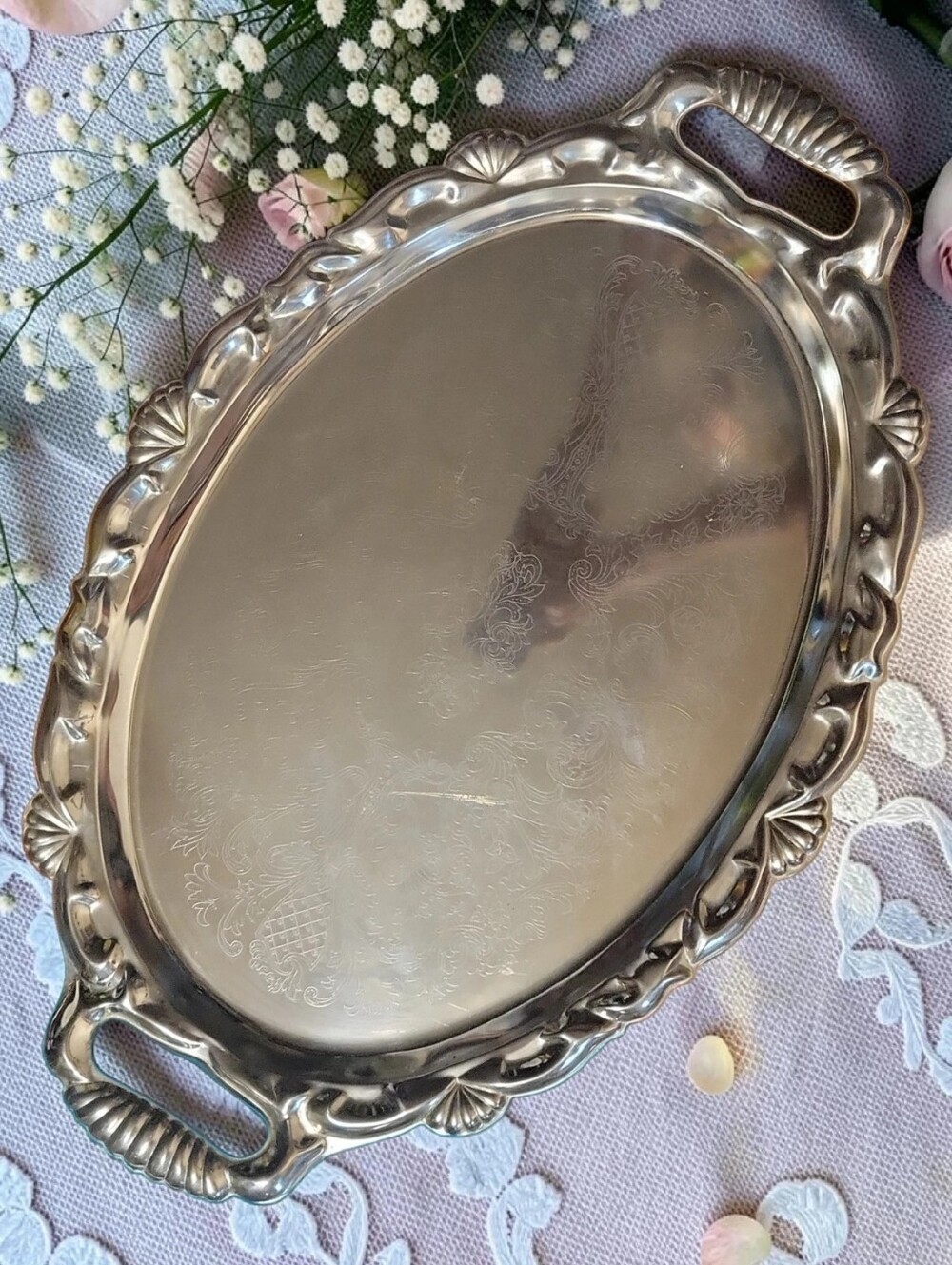 Vtg 60s Oval Butler's Waiter's Silver Plated Serving Tray Pineapple Floral  21"